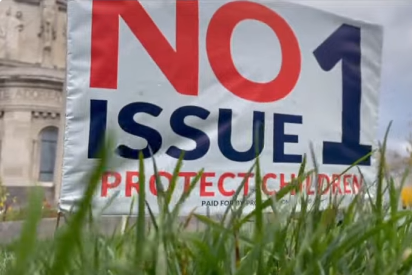 A sign opposing Ohio's Issue 1 sits outside an Archdiocese of Cincinnati property in October 2023.
