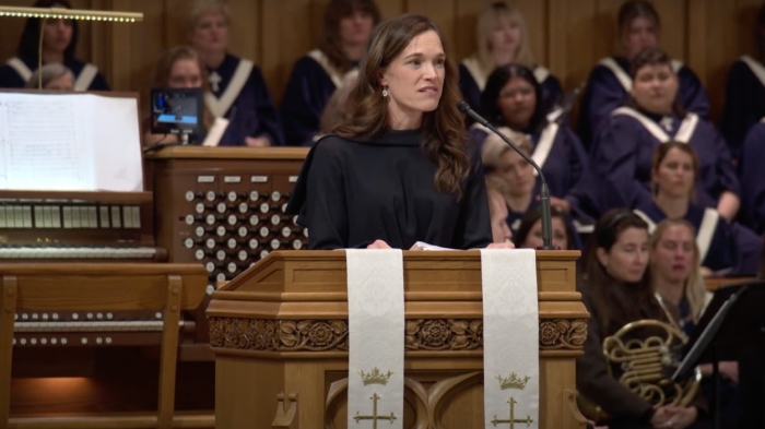 Ali Dunagan, wife of the late Pastor Bryan Dunagan, gives the eulogy at her husband's funeral on November 1. 2023, in Dallas, Texas. 