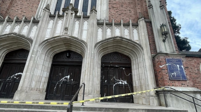 The Cathedral of the Annunciation in Stockton was defaced on Nov. 5 when white paint was splattered across the signs and doors of the 81-year-old church, according to a statement from the cathedral parish.