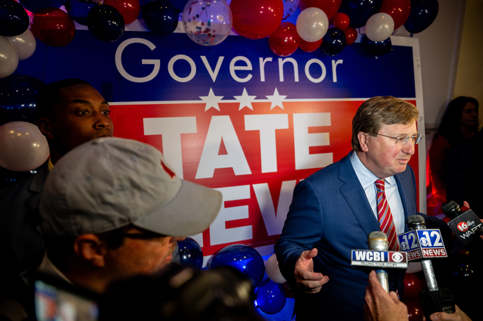 Mississippi incumbent Republican Gov. Tate Reeves speaks to members of the press after an election night watch party at The Refuge Hotel & Conference Center on November 07, 2023, in Flowood, Mississippi. Gov. Reeves won reelection against Democratic challenger Brandon Presley, a second cousin of Elvis Presley. 