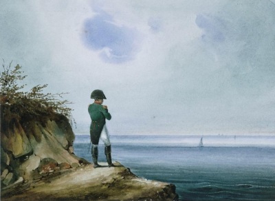 Napoleon Bonaparte in exile on the island of St. Helena, as depicted in a painting created circa 1820.