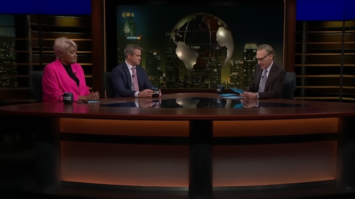 Former Rep. Adam Kinzinger, R-Ill., (middle) likened House Speaker Mike Johnson's worldview to the Taliban during a panel discussion on 'Real Time' with Bill Maher (right) and former DNC Chair Donna Brazile (left)