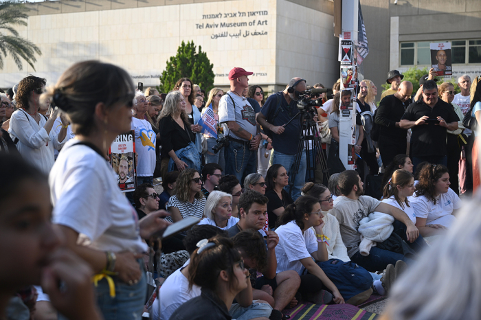 Families of the hostages participate in a special ‘Kabalat Shabbat,’ (welcoming the Shabbat) prayer service ahead of the release of hostages, outside the Museum of Tel Aviv on November 24, 2023, in Tel Aviv, Israel. A four-day ceasefire began between Israel and Hamas began this morning. A total of 50 hostages held by Hamas are to be released during the temporary truce, the first such pause in fighting since Oct. 7, when Hamas launched its terrorist attacks and Israel responded with a vast military offensive to destroy the militant group that governs Gaza. Under the deal, 150 Palestinian prisoners are also to be released from Israel, and more humanitarian aid will be admitted at the Gaza-Egypt border crossing. 