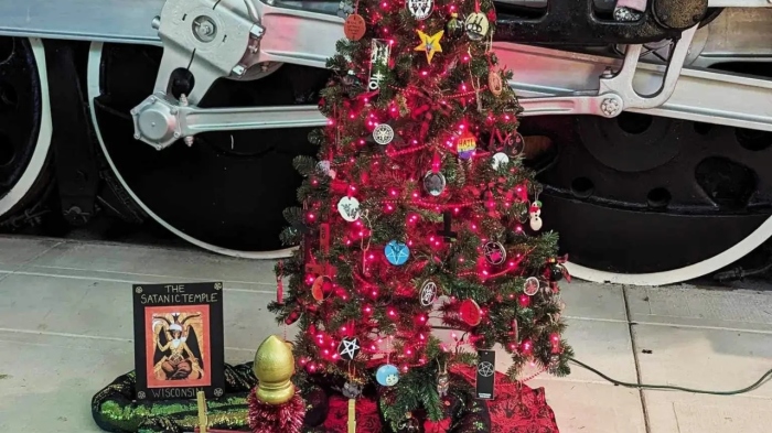 A tree erected at the National Railroad Museum in Green Bay, Wisconsin, by The Satanic Temple Wisconsin has drawn public outrage, including from Rep. Mike Gallagher.