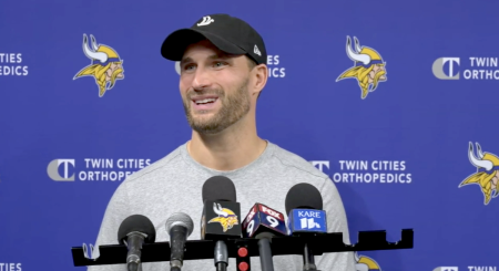 Minnesota Vikings quarterback Kirk Cousins speaks during a press conference on Nov. 17, 2023.