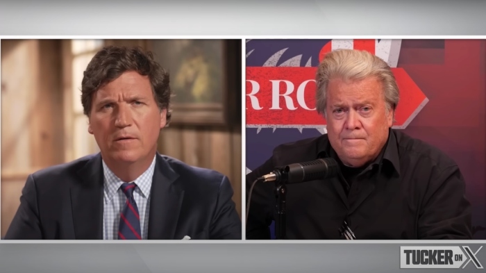 Steve Bannon (R) speaks with Tucker Carlson (L) in an interviewed aired on Nov. 27, 2023. 