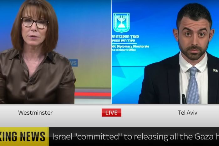 Sky News's Kay Burley (L) interviews Israel government spokesperson Eylon Levi (R) on Nov. 22, 2023. 