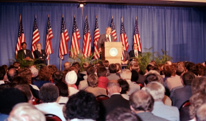 The Rev. Jerry Falwell, founder and leader of the conservative Christian advocacy group the Moral Majority, giving remarks at a Moral Majority event in Cincinnati, Ohio, in September 1986. 
