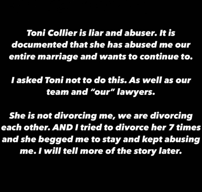 Sam Collier's deleted statement on divorcing wife Toni Collier.