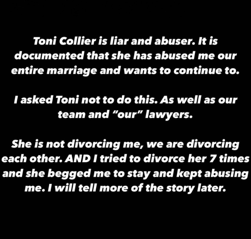 Sam Collier's deleted statement on divorcing wife Toni Collier.