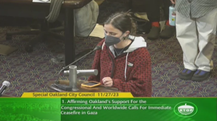 A resident testifies during an Oakland City Council meeting on Nov. 27, 2023, in Oakland, California. 