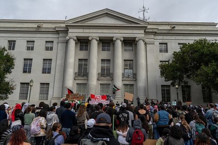 Demonstrators hold signs and flags at a pro-Palestinian protest in front of Sproul Hall at the University of California Berkeley in October 2023.