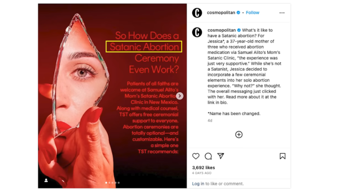 A screenshot of an Instagram post from Cosmopolitan with the headline, 'So How Does a Satanic Abortion Ceremony Even Work?'