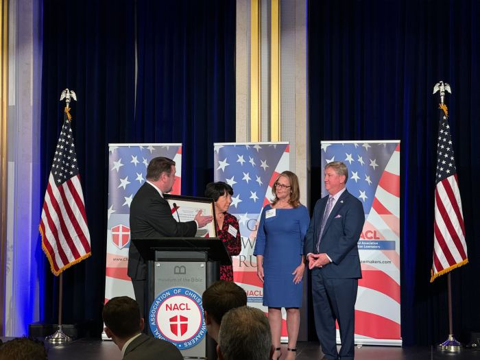 Glenn and Jenny Story receive the NACL Salt and Light Award For Christian Leadership at the Museum of the Bible in Washington, DC, on Dec. 5, 2023. 
