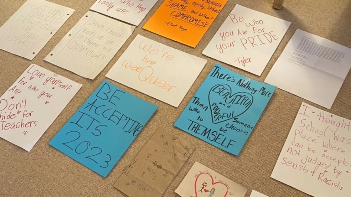 Mirabelli said her classroom was plastered with hateful posters (above) apparently made by young students, but which she believes involved other school staff.