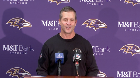 Baltimore Ravens head coach John Harbaugh speaks during a Dec. 10, 2023, press conference following a win against the Los Angeles Rams.