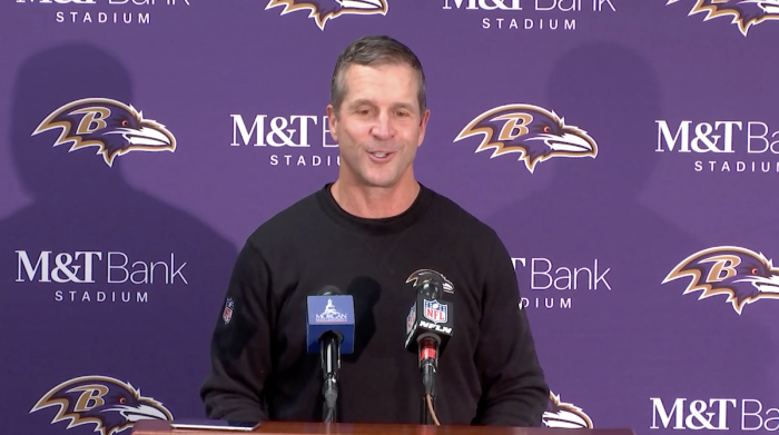 Baltimore Ravens head coach John Harbaugh speaks during a Dec. 10, 2023, press conference following a win against the Los Angeles Rams. 
