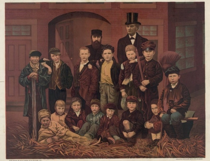 An illustration depicting a boys' Sunday School class in 19th century Chicago, Illinois, that was overseen by Dwight Moody and J.V. Farwell. 