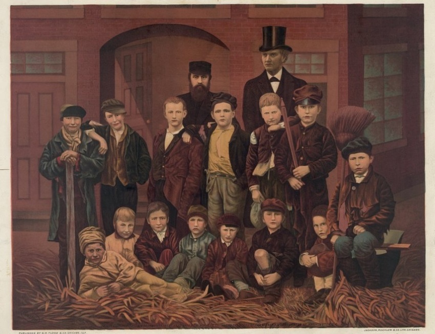 An illustration depicting a boys' Sunday School class in 19th century Chicago, Illinois, that was overseen by Dwight Moody and J.V. Farwell.