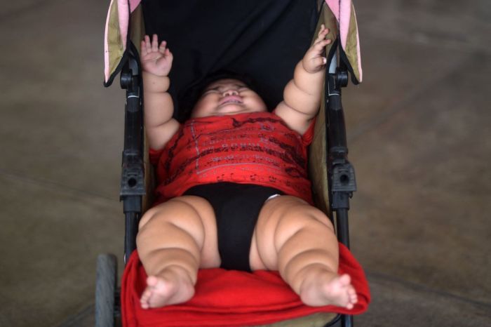Ten-month-old Luis Gonzales is pictured in his stroller at a bus station in Colima city, Mexico on November 9, 2017. 