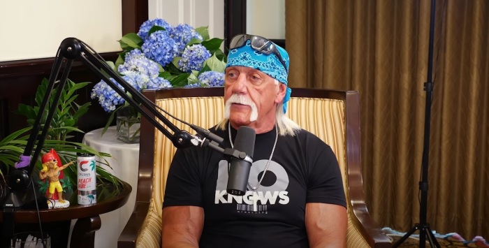 Former professional wrestler and reality TV star Hulk Hogan participates in an interview with Theo Von that was posted to YouTube on July 25, 2023. 