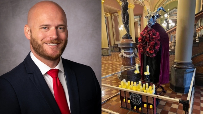The defense attorney for Michael Cassidy, above, is seeking to dismiss the hate crime charge he faces after toppling a statue of Baphomet in the Iowa state Capitol last December. 