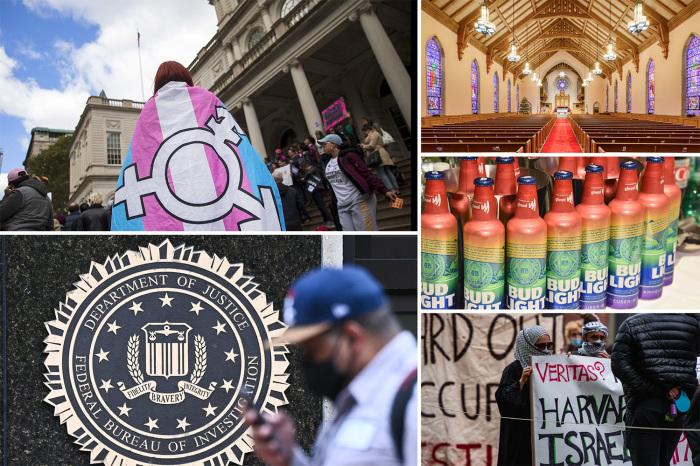 Trans activists and their supporters rally on the steps of New York City Hall. | Drew Angerer/Getty Images; UMC church | iStock/D:532811041; Bud Light bottles | Bryan Bedder/Getty Images; Harvard students protest against Israel after Hamas attacks | JOSEPH PREZIOSO/AFP via Getty Images; DOJ | MANDEL NGAN/AFP via Getty Images