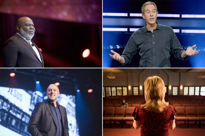 From top left clockwise: Bishop T.D. Jakes speaks during the MegaFest 'Women Thou Art Loosed' closing session at Kay Bailey Hutchison Convention Center on July 1, 2017, in Dallas, Texas. | Cooper Neill/Getty Images for MegaFest 2017; Pastor Andy Stanley | Screenshot: YouTube/Gwinnett Church; Woman speaking from the stage in a church sanctuary | Getty Images; Hillsong Church founder Brian Houston appears on stage during Hillsong's 2014 conference at The Theater at Madison Square Garden in New York City. | Hillsong Church. 