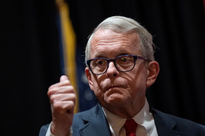 Ohio Gov. Mike DeWine speaks at a campaign stop at The Mandalay event center on November 4, 2022, in Moraine, Ohio. 
