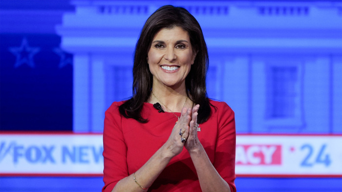 Former U.N. Ambassador and GOP presidential candidate Nikki Haley during a Fox News town hall event in Des Moines on Monday.