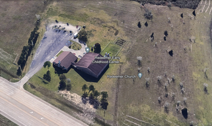 An aerial view of Redeemer Church in Manvel, Texas, where Officer Kerry Heiserman of the Pasadena Police Department took his life in the parking lot.