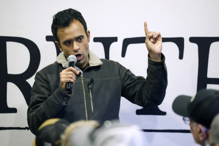 Republican presidential candidate and businessman Vivek Ramaswamy speaks to voters during a campaign stop on January 10, 2024, in Marshalltown, Iowa.