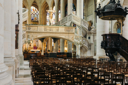 The Renaissance rood screen inside the Eglise or Church of Saint-Etienne-du-Mont in Paris.
