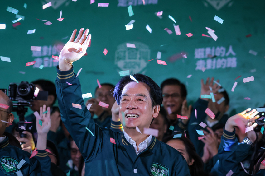 Confetti flies over the stage and crowd as Taiwan's Vice President and presidential-elect from the Democratic Progressive Party (DPP) Lai Ching-te speaks to supporters at a rally at the party's headquarters on January 13, 2024, in Taipei, Taiwan. Taiwan voted in a general election on Jan. 13 that will have direct implications for cross-strait relations.