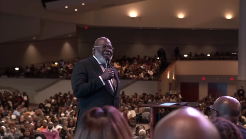 Bishop T.D. Jakes preaches at the Joint New Year’s Revival at First Baptist Church of Glenarden International in Upper Marlboro, Maryland, on January 5, 2024.
