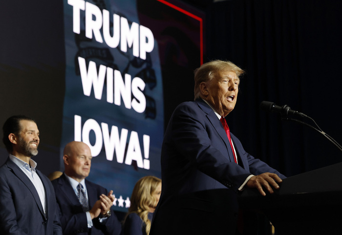 Former President Donald Trump speaks at his caucus night event at the Iowa Events Center on January 15, 2024, in Des Moines, Iowa. Iowans voted today in the state’s caucuses for the first contest in the 2024 Republican presidential nominating process. Trump has been projected winner of the Iowa caucus.