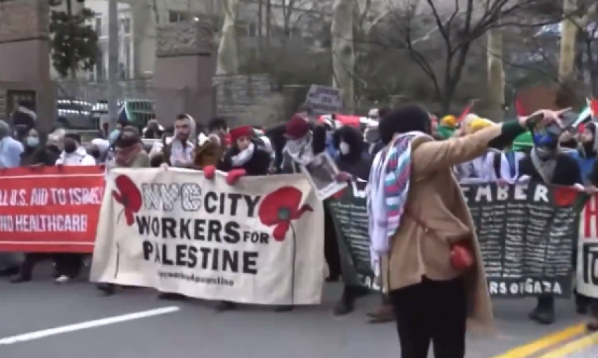Pro-Palestinian protesters demonstrate outside of Memorial Sloan Kettering Cancer Center in New York City on Jan. 15, 2023.
