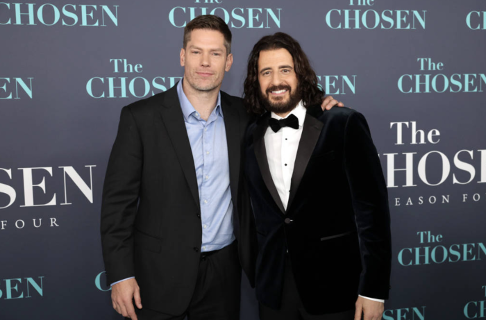 Dallas Jenkins and Jonathan Roumie seen at 'The Chosen' season 4 premiere at The Theatre at Ace Hotel on January 17, 2024, in Los Angeles, California.
