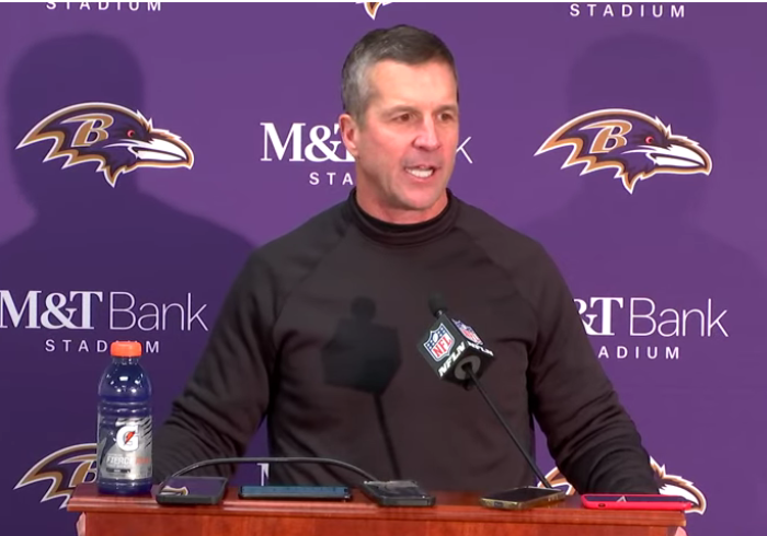 Baltimore Ravens head coach John Harbaugh speaks during a Jan. 20, 2023, press conference following a win against the Houston Texans. 