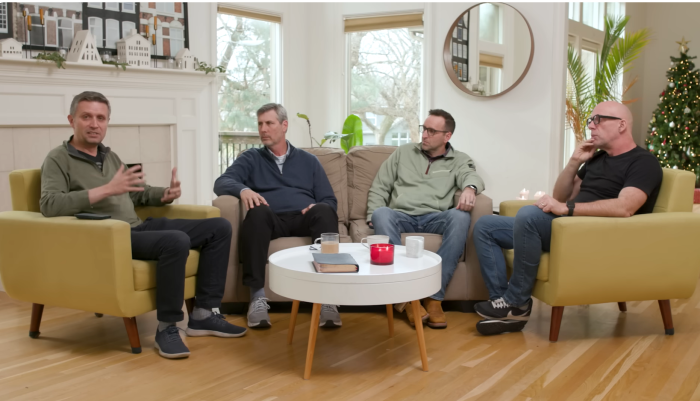 Four members of the 15-member advocacy group of former leaders of the International House of Prayer Kansas City appeaer in a video recorded in December 2023. From left: Jono Hall, Allen Hood, Wes Martin and Dwayne Roberts.