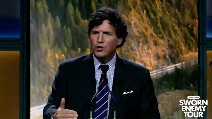 Conservative political commentator Tucker Carlson urged Canadians to take notice of how Christians have been treated in their country by state authorities during a speech in Calgary, Alberta, on Jan. 24, 2024.