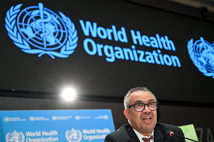 World Health Organization (WHO) chief Tedros Adhanom Ghebreyesus looks on during a press conference on the World Health Organization's 75th anniversary in Geneva, on April 6, 2023. 