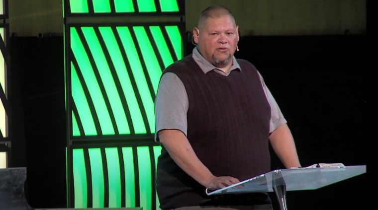 Southern Baptist pastor Mike Keahbone speaks during a chapel service at Oklahoma Baptist University in 2019.