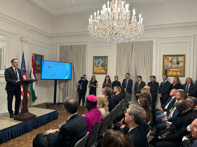 Tristan Azbej, Hungarian Secretary of State for Aid to Persecuted Christians and the Hungarian Aid Program, speaks at the welcome reception kicking off the IRF's annual summit in Washington , DC, January 29, 2024. 