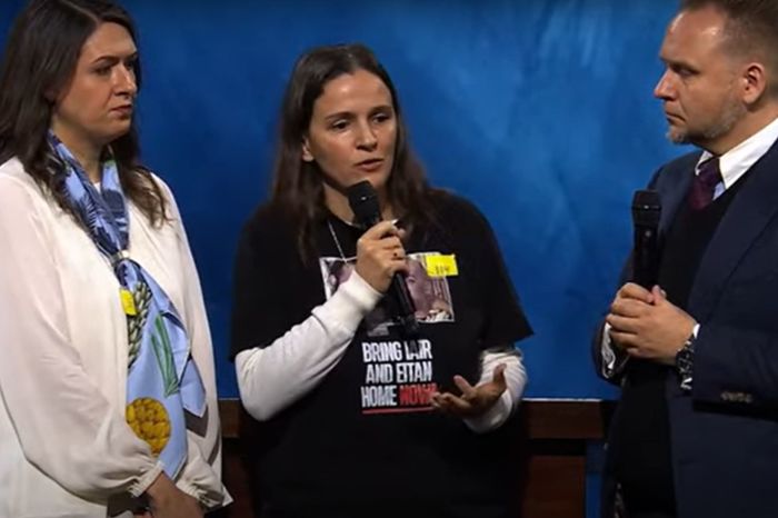 From left: Liel Slifer, Dalia Cusnir, Jeremiah Johnston speak during a worship service at Prestonwood Baptist Church on January 28, 2024, about the hostages Hamas is refusing to release. 