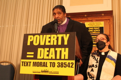 The Rev. William Barber (left) II and Rev. Dr. Liz Theoharis (right) announce a new issues campaign on February 5, 2024, in Washington, D.C.