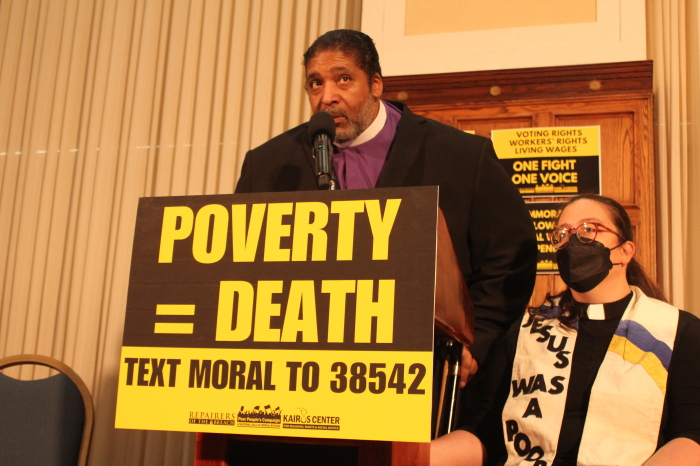 (Left to right) Rev. Dr. William Barber II and Rev. Dr. Liz Theoharis announce a new 2024 campaign on Feb. 5, 2024, in Washington, DC.
