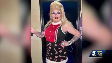 A screenshot of an undated image of former Oklahoma elementary school principal Shane Murnan in women's clothing and makeup.