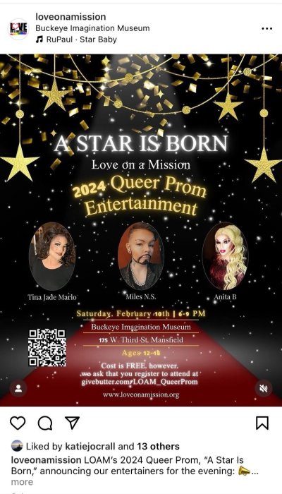 A now-deleted flier from Love On A Mission's Instagram page which shows drag performers slated for a LGBT event aimed at children as young as 12 years old. 