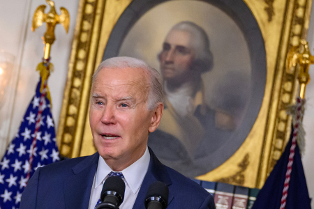 U.S. President Joe Biden answers questions about Israel after speaking about the Special Counsel report in the Diplomatic Reception Room of the White House in Washington, D.C., on February 8, 2024, in a surprise last-minute addition to his schedule for the day. A long-awaited report cleared President Joe Biden of any wrongdoing in his mishandling of classified documents from his tenure in the Senate and as vice president on February 8 but dropped a political bombshell by painting the Democrat as a 'well-meaning, elderly man with a poor memory.'